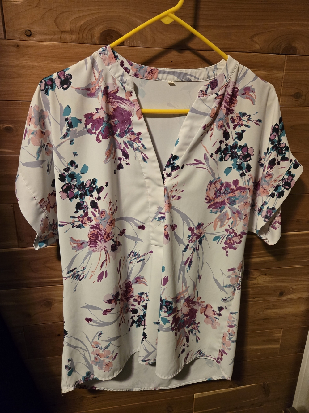 SHEIN White Floral V-Neck Blouse with Purple & Teal Accents
